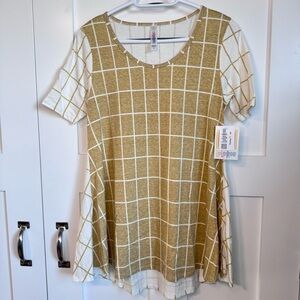 NWT‎ LuLaRoe Perfect T Women's Size XS Hi Low Hem Gold & White Grid FLAWED